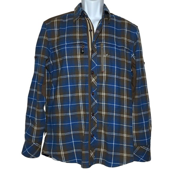 Cavi Mens Flannel Plaid Overshirt Size M Roll Tab Blue Brown Pockets Windowpane - Picture 1 of 12